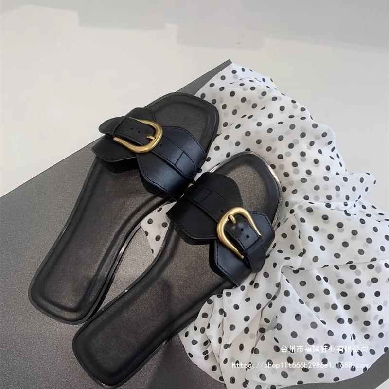 2025 New Metal Belt Buckle One-word Women's Summer Wear Flat-bottomed Fashion Sandals Square Head Soft-soled Women's Slippers
