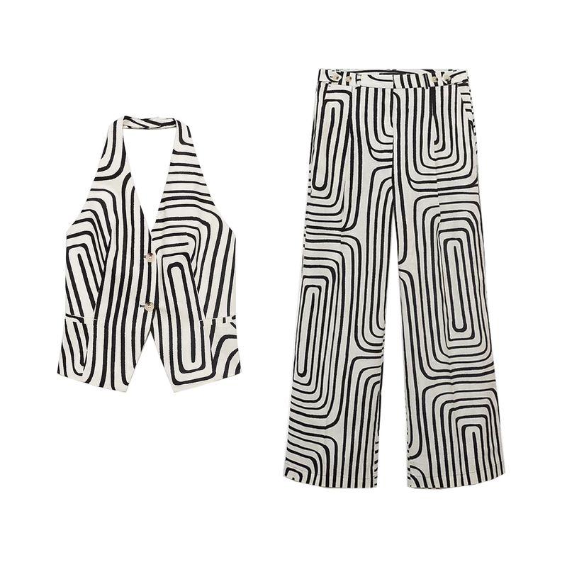 Open Back Hanging Collar Vest 17071150 Cotton and Linen Blended Geometric Pattern Floral Print Casual Jumpsuit 17061155