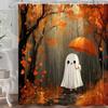 Halloween Ghost Pumpkin Shower Curtain,Cute Funny Autumn Seasonal Floral Decor Bath Curtains,Fall Maple Leaves Spooky Waterproof