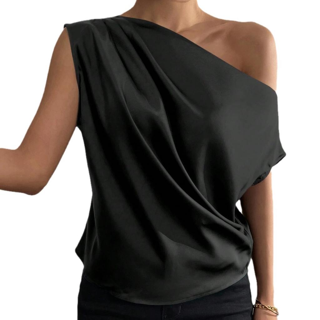 Women's Vest Summer Fashion Peplum Slant Neck Pinch Pleat One Shoulder Asymmetric Vests