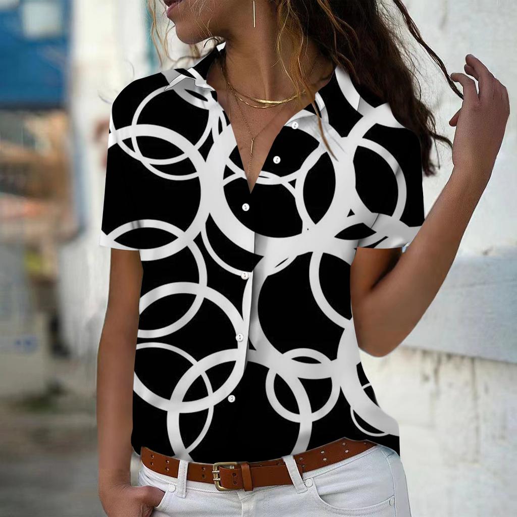 2025 Summer New Fashion Women's Geometry Printed Short Sleeve V-neck Casual Button-down Shirt Top