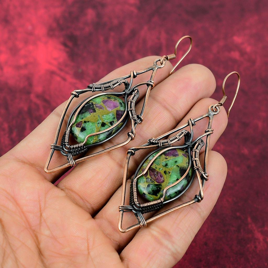 Copper Ruby Zoisite Earring Copper Wire Wrapped Earrings Handmade Earring Ruby Zoisite Jewelry Gemstone Earring Gifts For Her Copper Jewelry