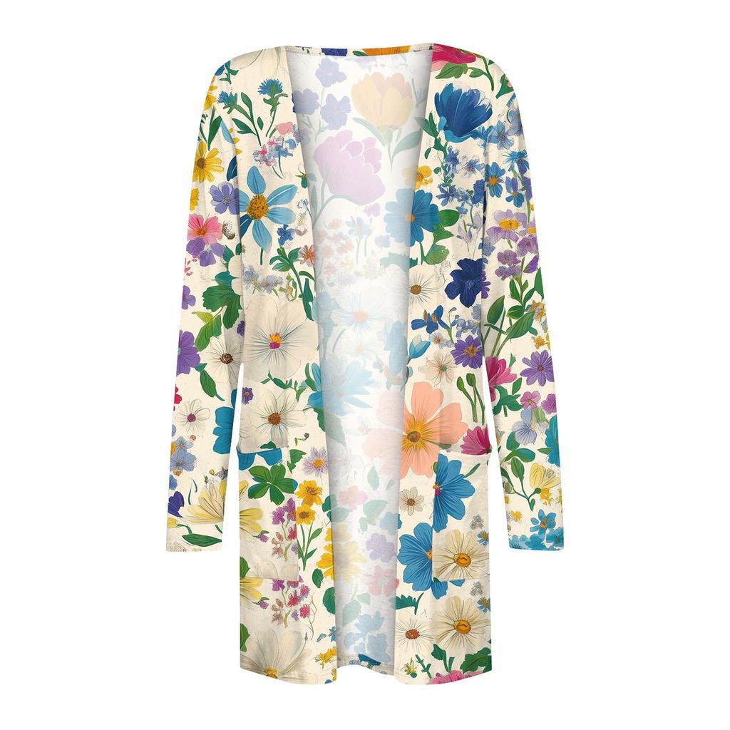Dam Casual Mode Blommig Tryck Långärmad Mellanlång Kofta Jacka