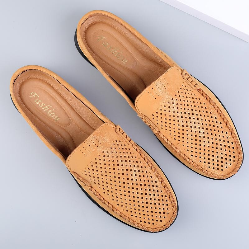 Fashion Classic Breathable Half Shoes Mens Hollow Out Genuine Leather Half Slippers Non-slip Mules Casual Outdoor Moccasins Flats Hombre