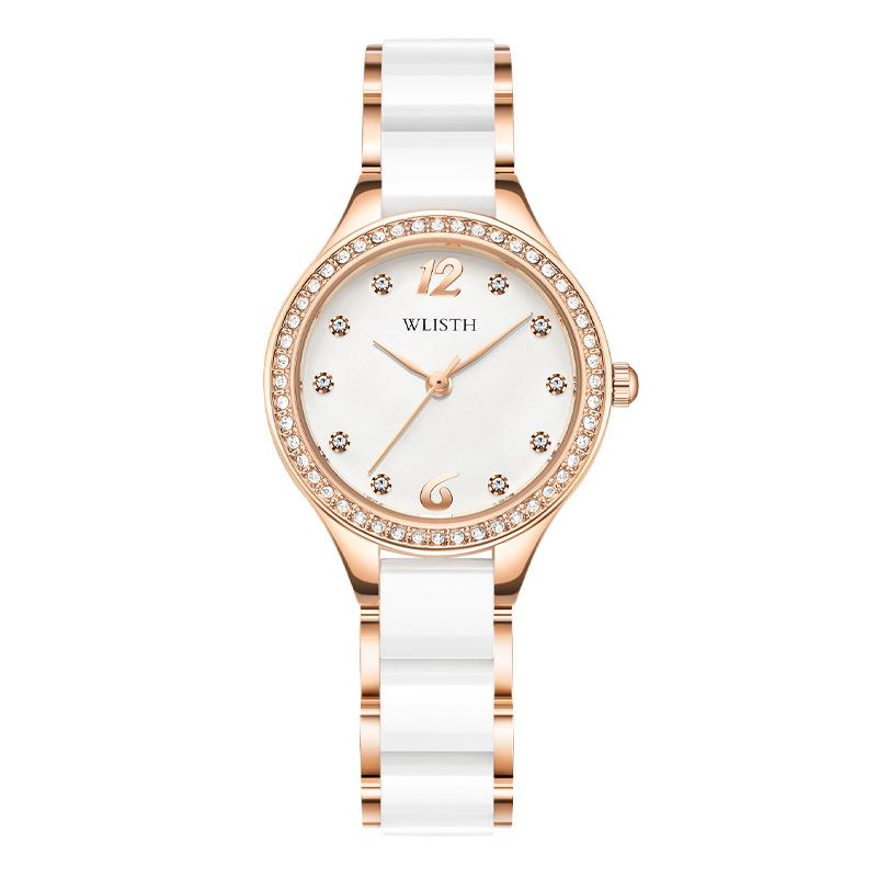 Damen-Quarz-Armbanduhr im koreanischen Stil, wasserdicht, mit Strasssteinen, kleinem Zifferblatt und Keramik-Design. beige