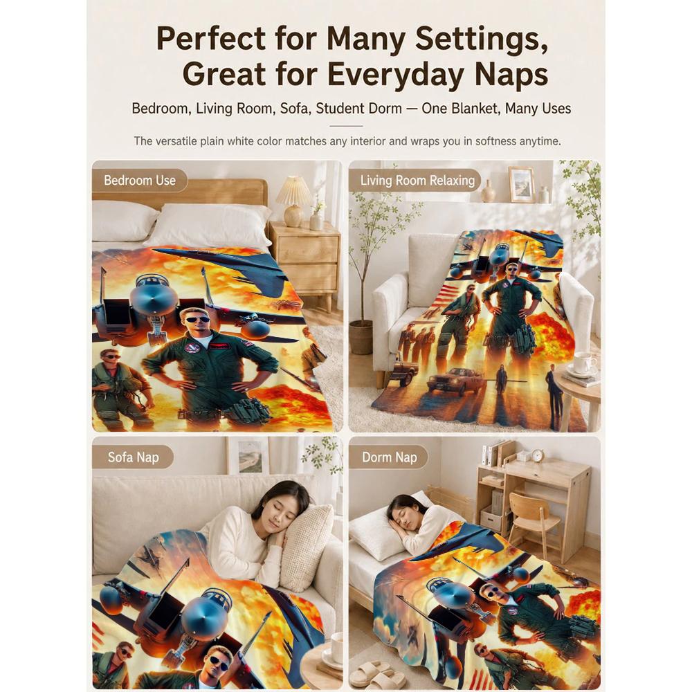 Top Gun Style Fighter Jet Pilot Poster Pattern Theme Flannel Blanket Skinfriendly Warm Throw Blanket For Living Room Office Nap Home Party Decor