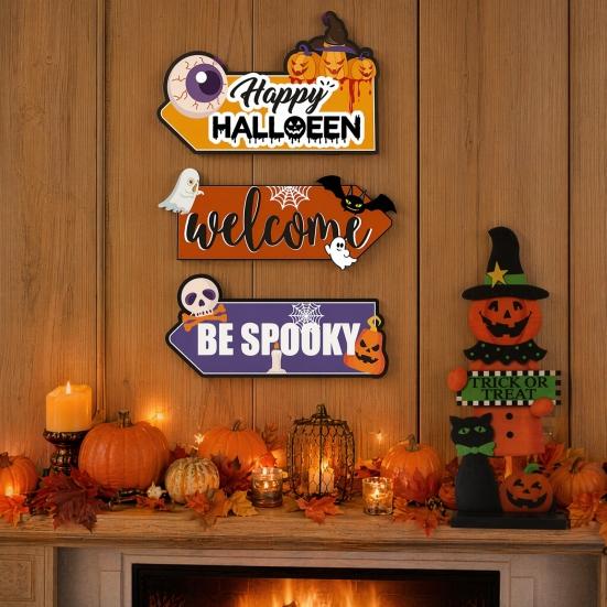 Happy Halloween Door Sign, Spooky Skull Ghost Pumpkin Bat Front Door Hanger, Rustic Wooden Wall Hanging Decor for Home Room Indoor Outdoor Party