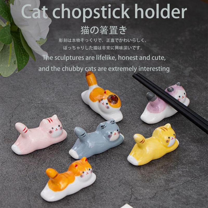 6 Stück Katzen Essstäbchenablagen, Halter, Japanischer Stil Porzellan Niedliche Glückskatze Keramik Essstäbchenhalter Ablage Set