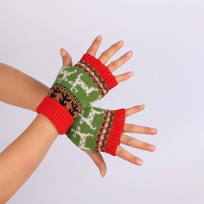 WTEMPO 1Pair Christmas Deer Pattern Knitted Gloves Couple Halloween New Half-finger Mittens Soft Colorful Warm Gloves