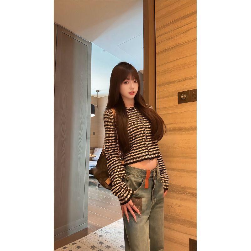 Kumikumi Graceful Retro Contrast Color Stripe Long sleeve Knit Women clothes Autumn Short Slimming Versatile Top