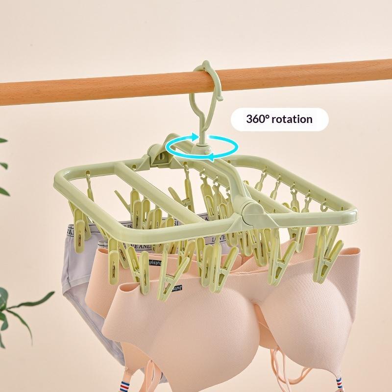 Foldable Laundry Drying Rack With 32 Clips 360 Rotating Hook For Home Dorm Use