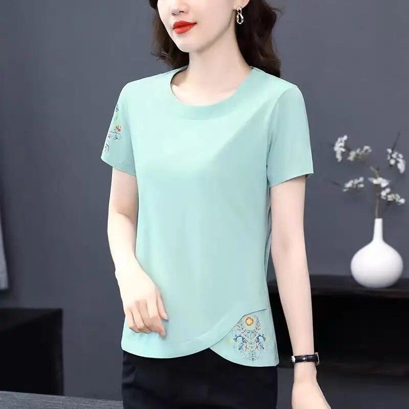 Women's T-shirt Summer Short Sleeve Loose Pullover Solid Vintage Round Neck Embroidery Printing Fashion Elegant Plus Size Tops
