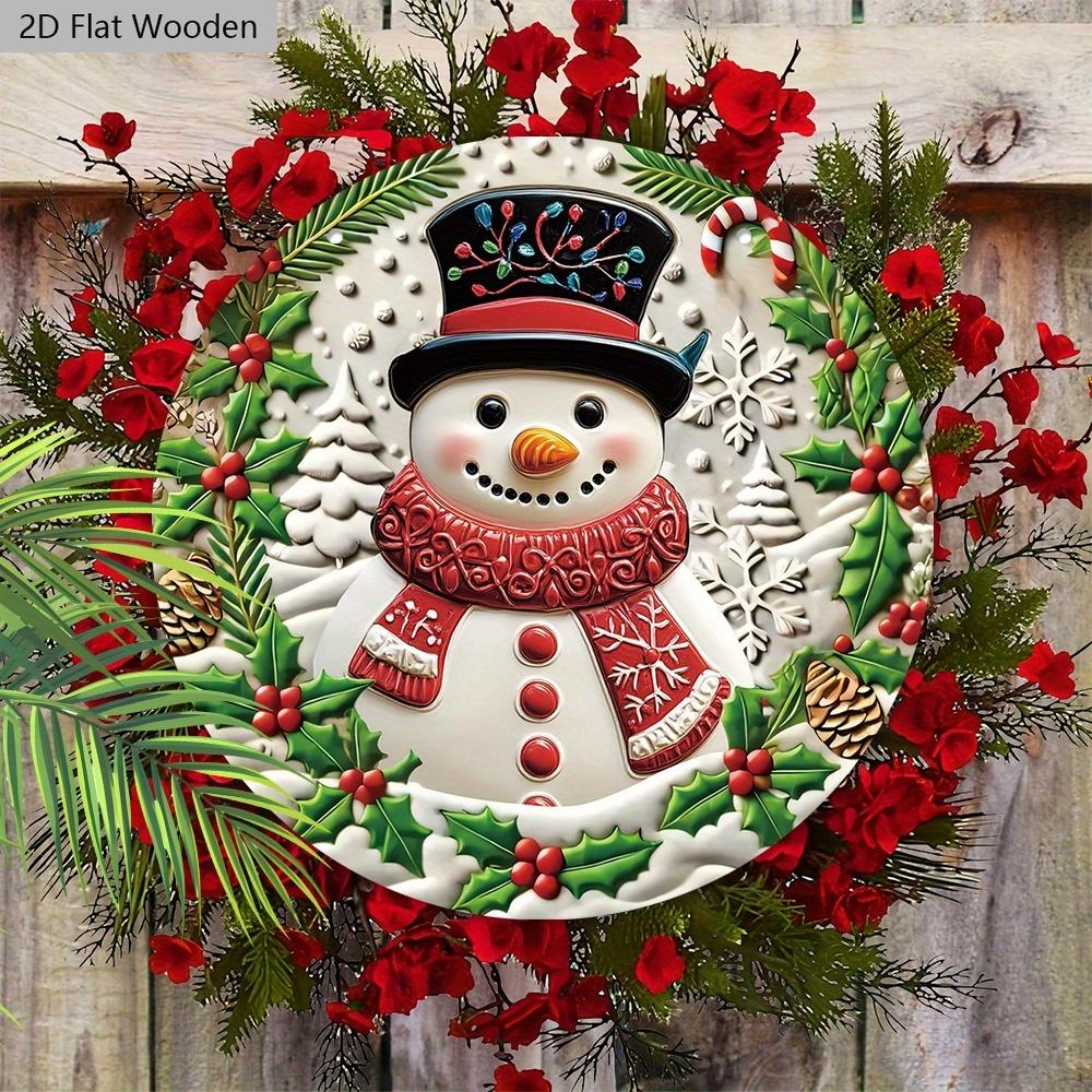 Christmas Wooden Sign with Snowman Pattern - Navidad Round Sign for Front Door, Wall Hanging Decor - Ideal Christmas Decoration