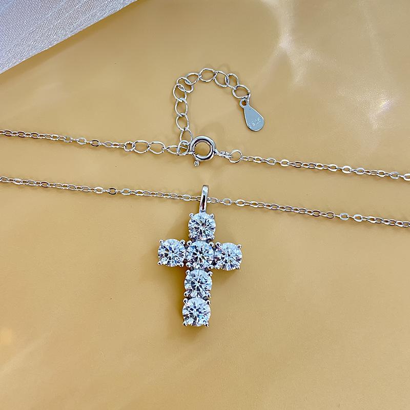 Women's Geometric 925 Sterling Silver Cross Pendant Necklace with 3 Carat Moissanite