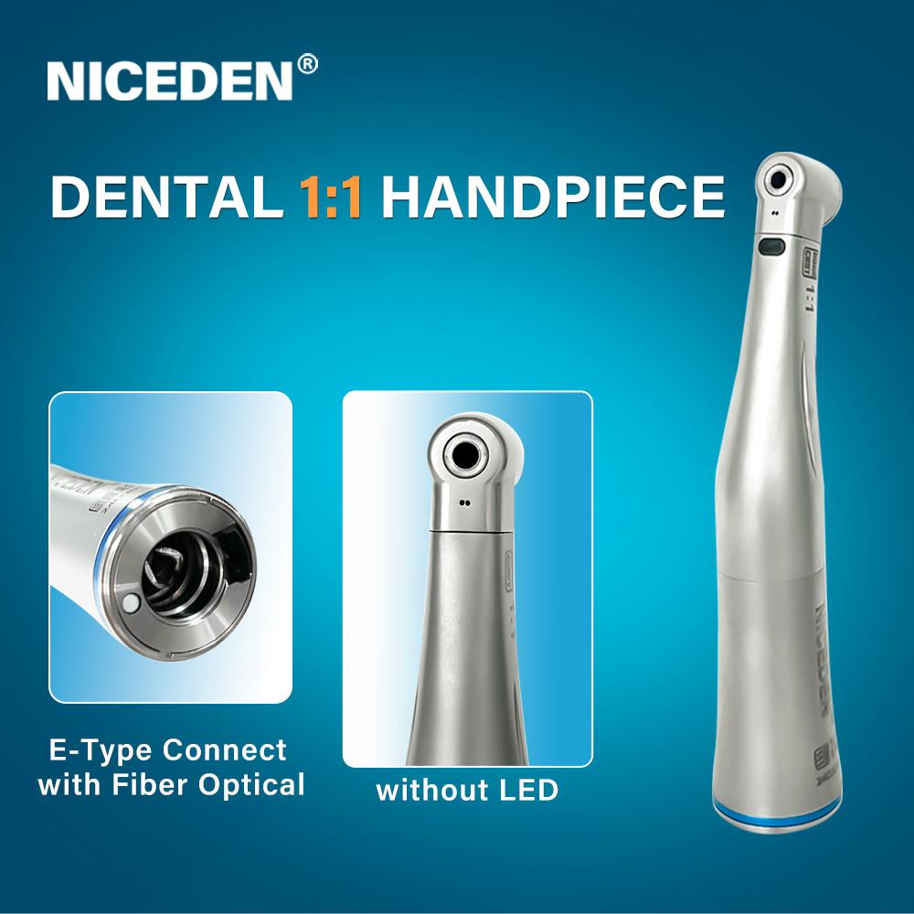 Niceden Dental 1:1 LED Fiber Optic Handpiece Internal Water Spray Contra Angle Push Button Chuck Blue Ring Low Speed Handpiece