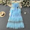 French Fashion Mesh Party Long Dress Women Ruffle Long Sleeve Slash Neck Elastic Waist Ladies Summer Elegant A Line Dresses