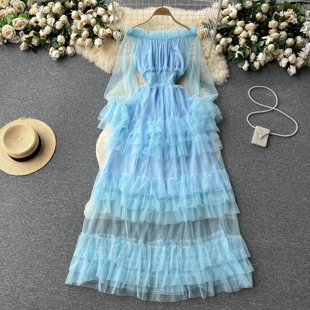 French Fashion Mesh Party Long Dress Women Ruffle Long Sleeve Slash Neck Elastic Waist Ladies Summer Elegant A Line Dresses