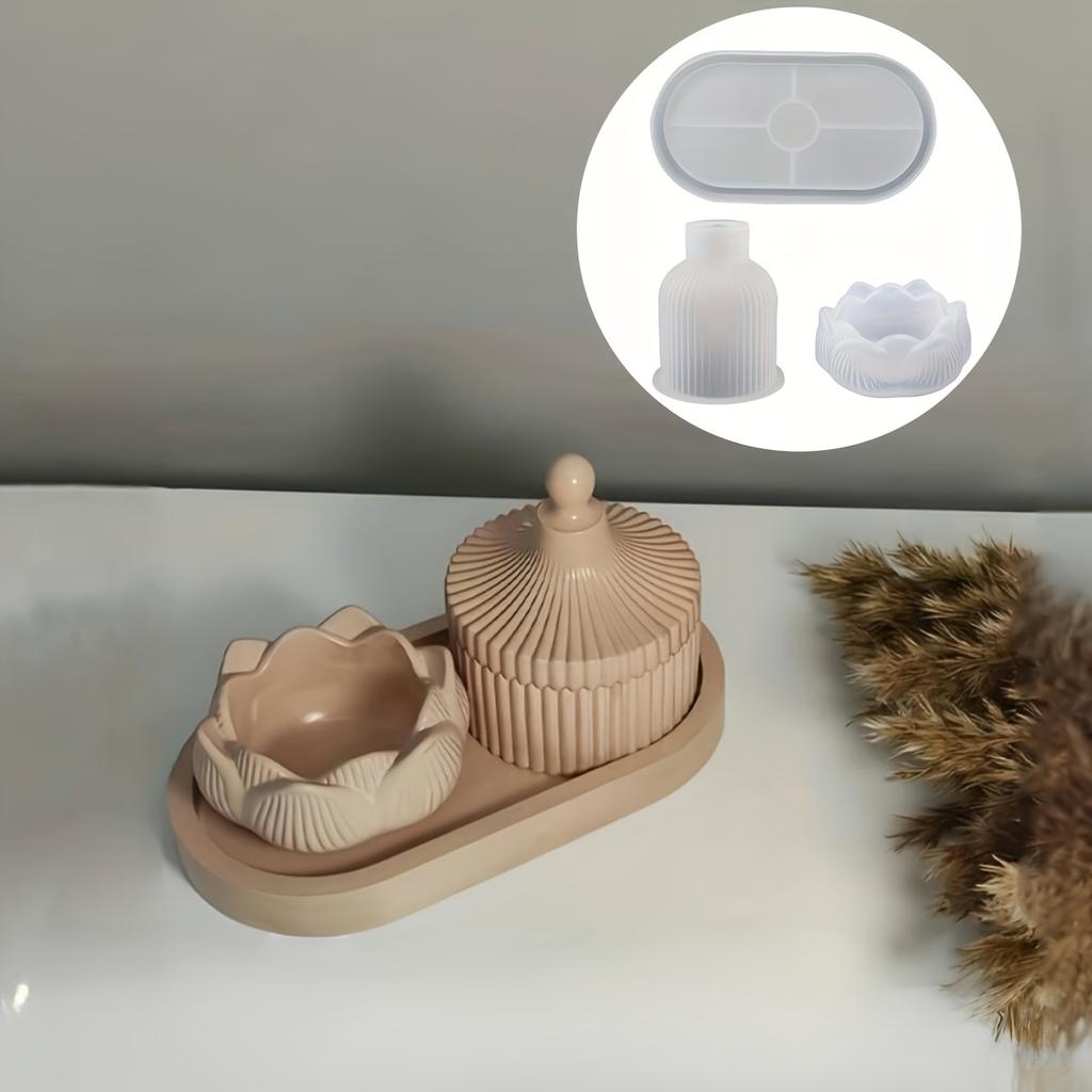 Lotus Striped Vase Tray Silicone Mold Set DIY Epoxy Resin Plaster Mold for Flower Arrangement Aroma Clay Craft Home Decoration