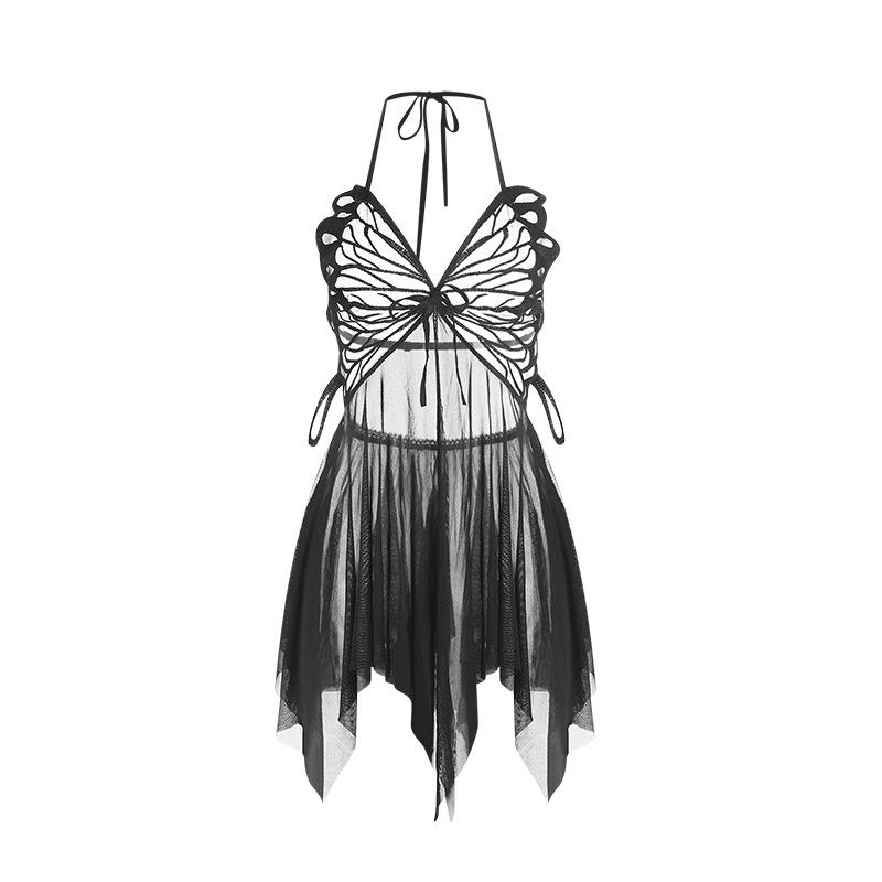 Large Size Women’s Sweet Sleep Dress with Thong Sexy Sheer Mesh Lingerie Nightdress with Butterfly Design