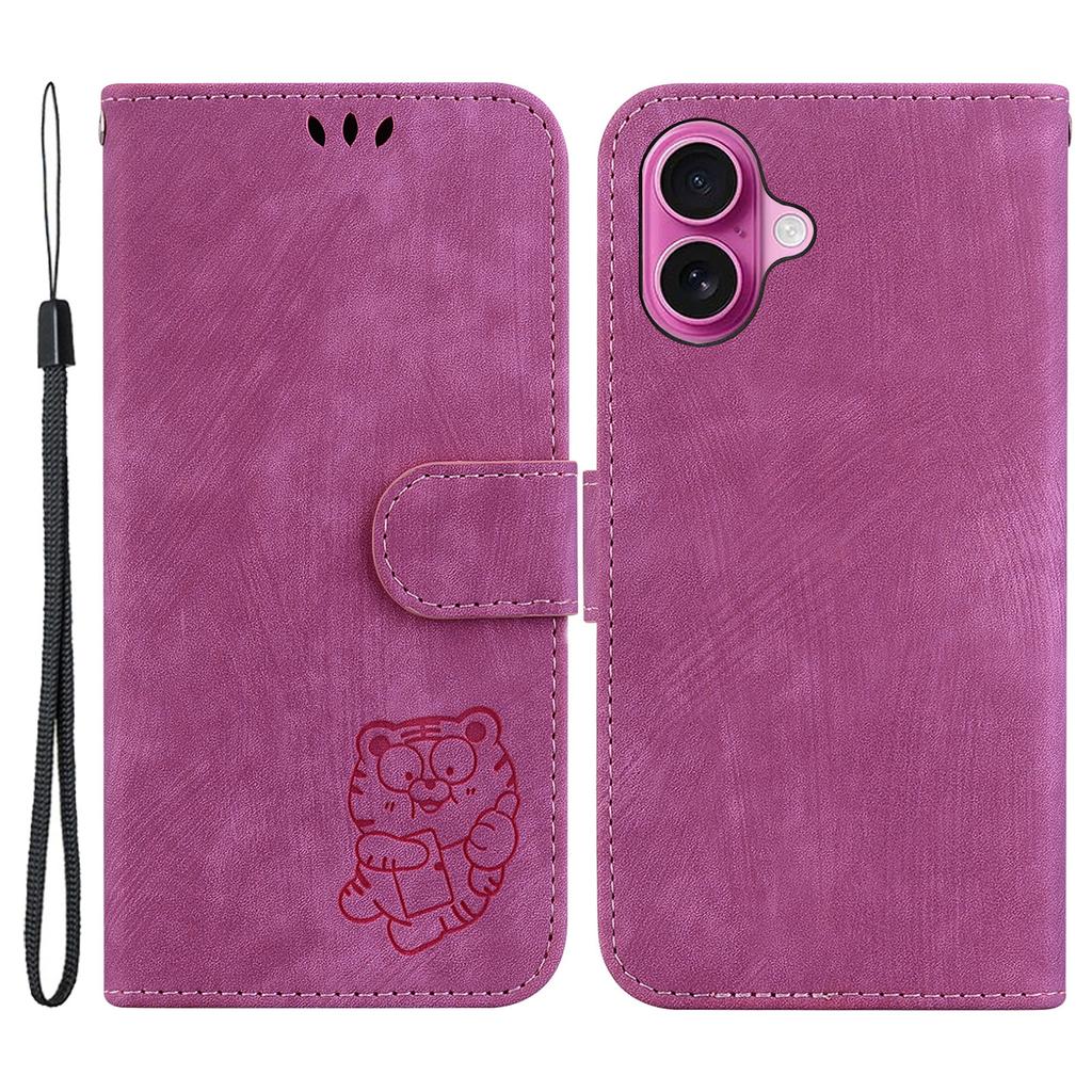 For iPhone 16 Plus Stand Case Cute Tiger Imprint Leather Wallet Phone Cover