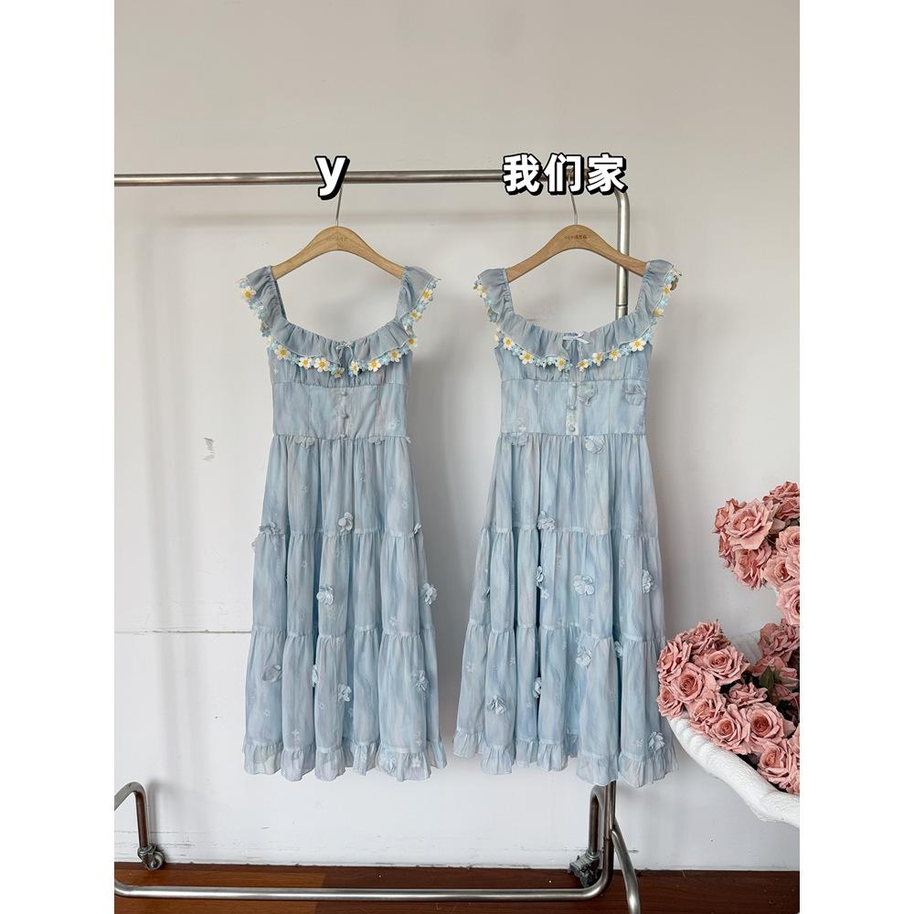 Retro Floral Sweet Dress for Women's Summer New Waist and Thin Temperament Long Skirt Seaside Vacation Style