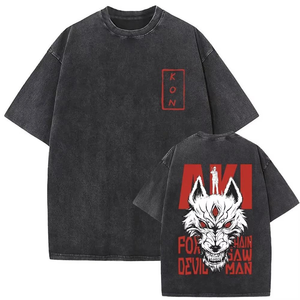 Manga Chainsaw Man Grafik-T-Shirt Hayakawa Aki Druck Vintage-Wasch-T-Shirt Baumwolle Übergroßes T-Shirt Streetwear Damen Herren Kleidung
