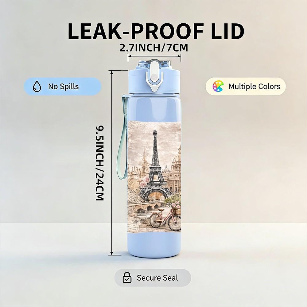 1PC Eiffel Tower Paris Retro Print 750ml Color Plastic Sports Water Bottle Leakproof Flip Straw Lid Suitable for Sports Office Home Use