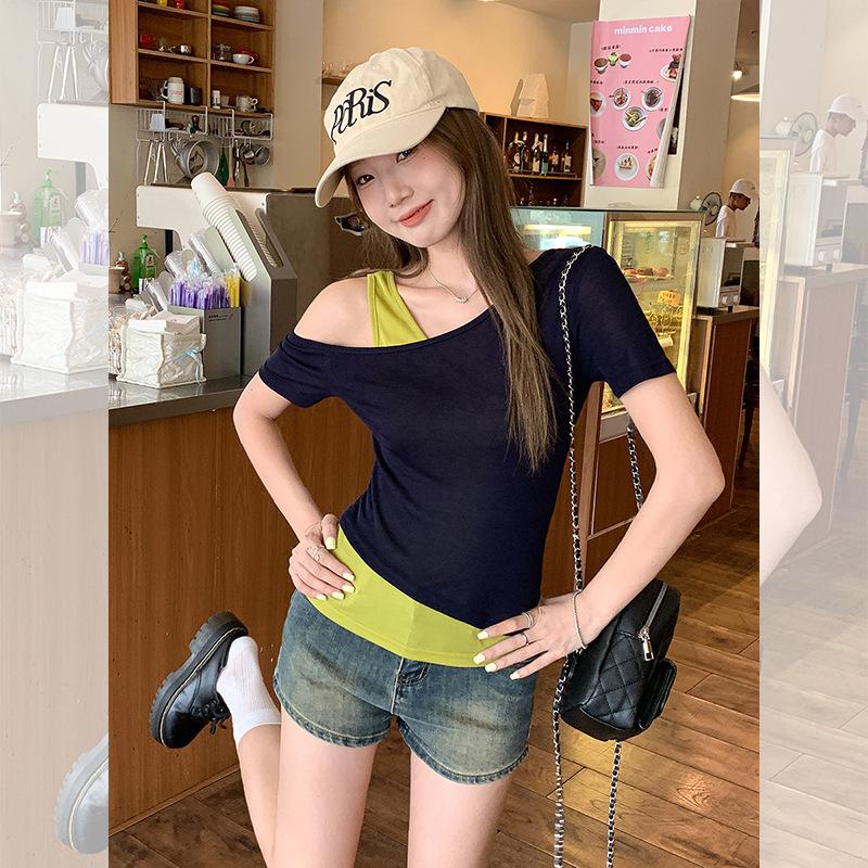 Chic design fake two-piece diagonal collar off-shoulder short-sleeved T-shirt women's summer new thin pure desire chic top