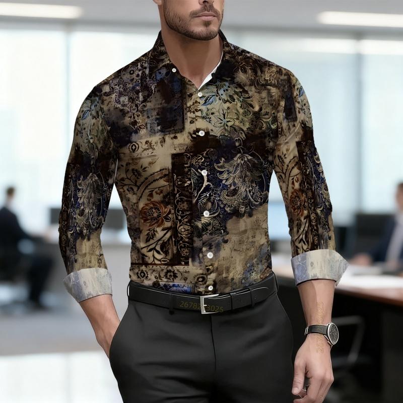 Men's Shirt, Ethnic Style Diamond Shaped Geometric Printed Long Sleeved Shirt, Business Casual Spring and Autumn Collar Shirt