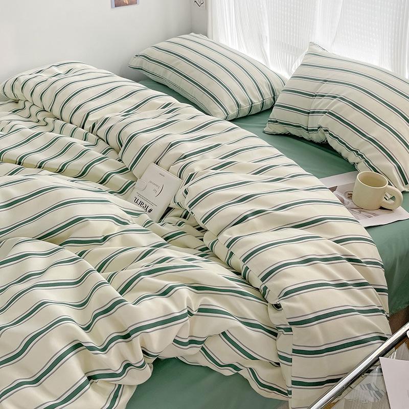 Korean Minimalist Striped Cotton Bedding Set: Duvet & Fitted Sheets for 1.8 Bed