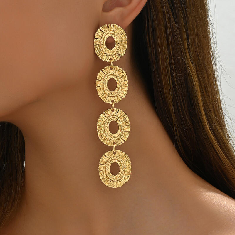Boucles d'oreilles pendantes bohèmes multicouches ovales creuses pour femmes, splicing métal lourd, boucles d'oreilles longues rondes, bijoux de fête de vacances, cadeaux