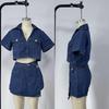 Summer V-Neck Denim Skirt-Pants Set: Women's Irregular Short-Sleeved Top