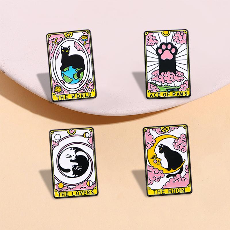 New Tarot Cat Series Enamel Brooches The Moon The World The Lovers Ace Of Paws Lapel Pins For Backpack Jacket Gift For Pet Lover