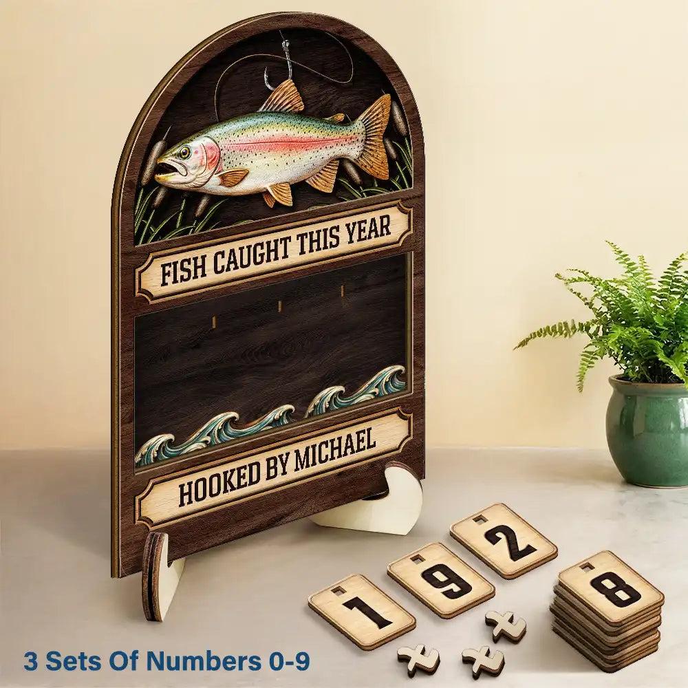 Personalized Fishing Wooden Sign 2-Layered Fish Caught Tracker Board with Number Tiles Custom Fisherman Gift for Husband Dad
