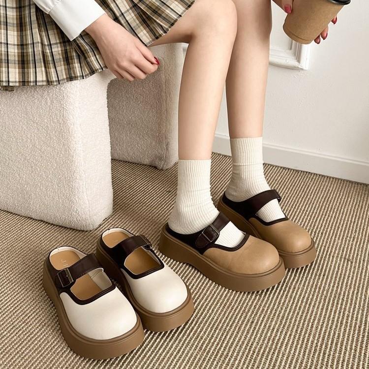 [Youshilai] Round Head Thick Bottom Lazy One-pedal Women's 2025 Spring New Belt Buckle Fashionable Outer Slippers