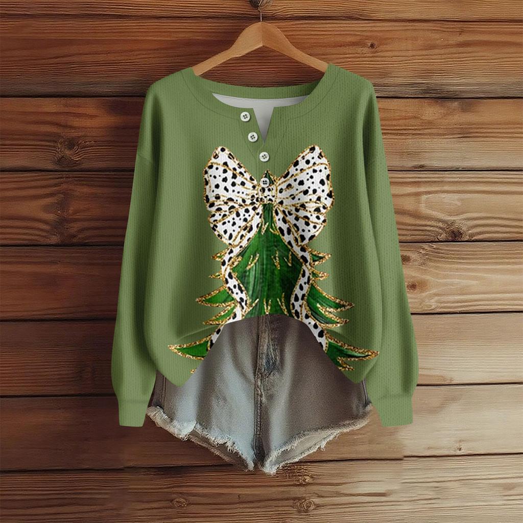 Dame Mote Langermet Jule Snøfnugg Trykk Topp Elegant Casual Topp