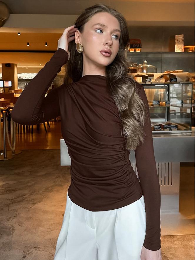 2025 Autumn European & American Slimming Ruched Long-Sleeve Shirt for Women