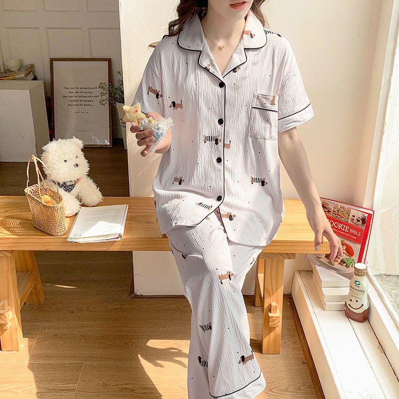 Women's Cute Cartoon Pajama Set - Short Sleeve & Long Pants, Comfortable Summer Home Wear