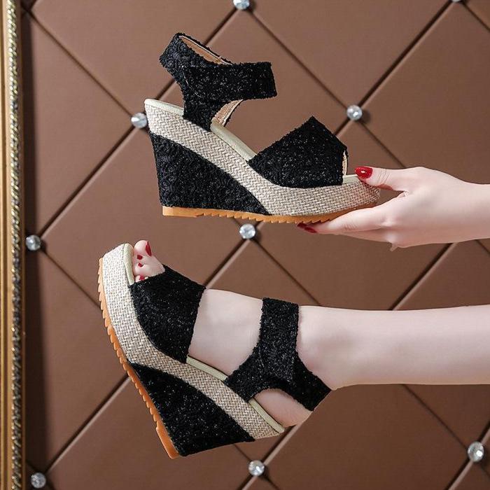 Summer European and American Slope Heel Fish Mouth Thick Bottom High Heel Velcro Women's Shoes