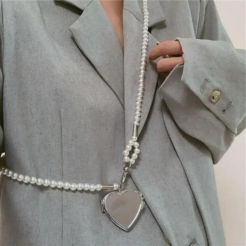 

Модное длинное ожерелье с зеркальным кулоном в форме сердца, женская жемчужная цепочка на плечо, оригинальные украшения, аксессуары для свадебной вечеринки