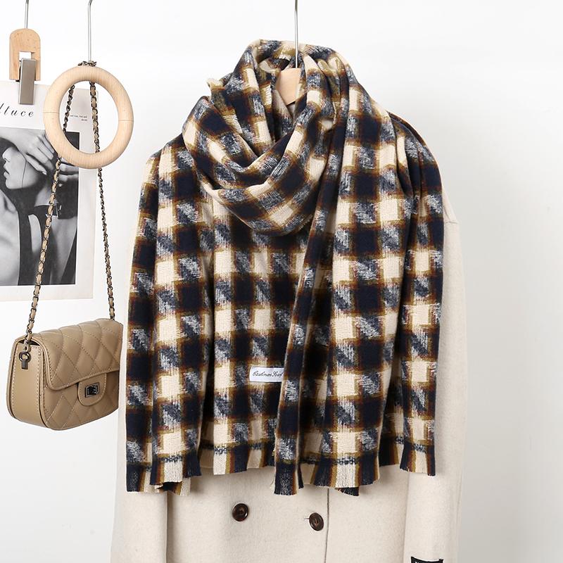 Vintage Plaid Pashmina Shawl Scarf For Woman Winter Warm Scarves Fashion Long Wraps Thick Cashmere Like Muffler Foulard Scarf