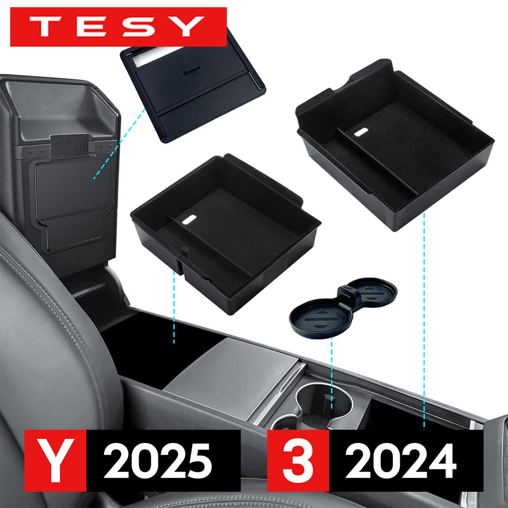 For Tesla New Model Y Juniper 2026 2025 Launch Model 3 Highland 2024 Center Console Armrest Storage Box Upper&Lower Silicone Mat