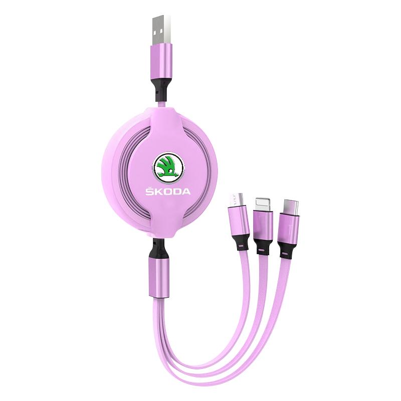 1Pcs Car Mounted Telescopic Three In One Mobile Phone Charger For Skoda Octavia Superb Rapid Kodiaq Karoq Fabia Kamiq Roomster Citigo