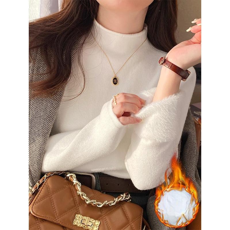 White Knitted Fleece Lined Half High Collar Sweater Women's Fashion Autumn Winter Inner Wear Base Shirt Integrated Fleece Top