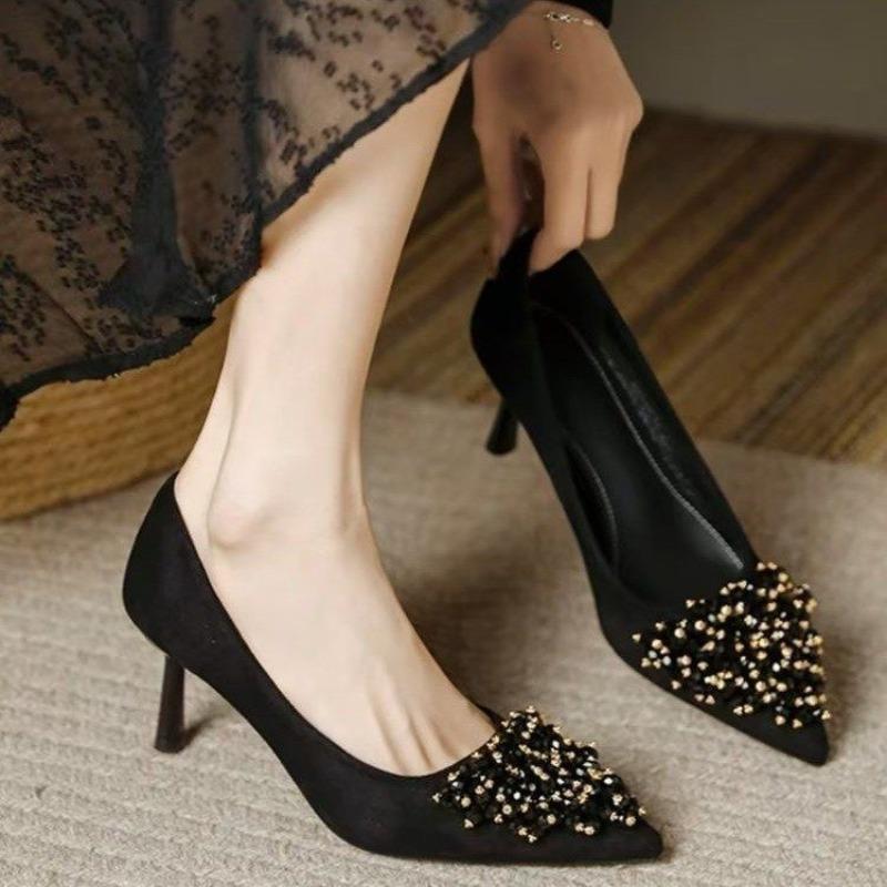 

Модный темперамент Изящный каблук Одинарные туфли Женская мода Острый носок Мелкий вырез Нескользящие Износостойкие Высокие каблуки 40 чёрный