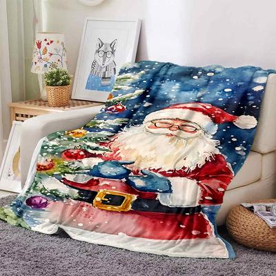 1pc Santa Claus Christmas Tree Blanket Lightweight Flannel Throw for Sofa Bed Travel Camping Livingroom Office Couch Chair