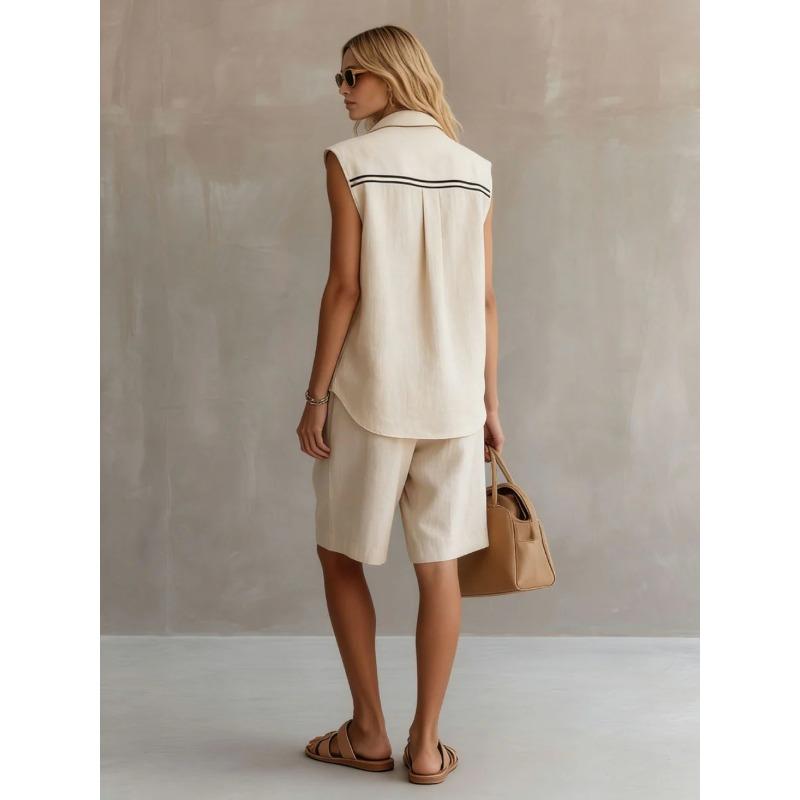 Women Linen Sleeveless Shirt And Shorts Set Summer Casual