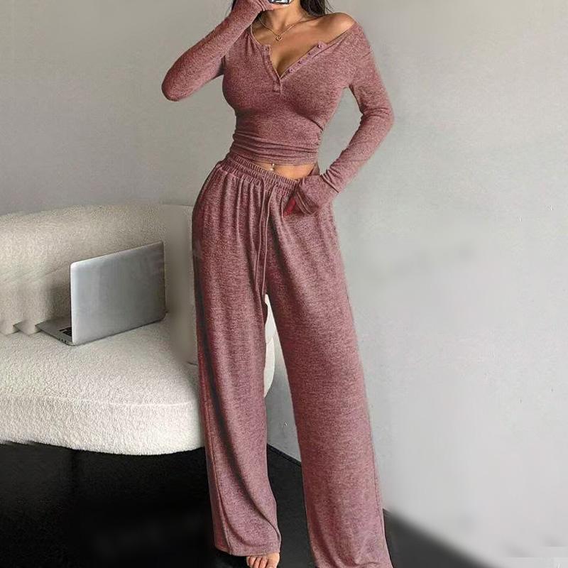 

Весенне-осенний однотонный облегающий пижамный комплект для дома: топы с длинным рукавом и длинные брюки, сексуальный V-образный вырез на пуговицах, двухпредметный пижамный комплект, одежда для сна Y2k S розовый