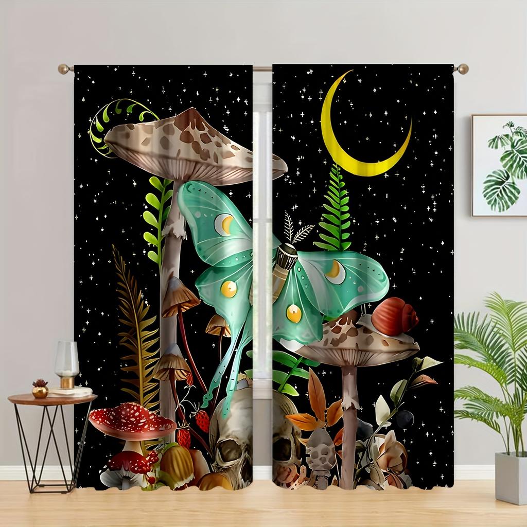 2pcs Mushroom Print Curtains Rod Pocket Decorative Window Drapes Window Treatments For Bedroom Living Room Window Blinds Drape