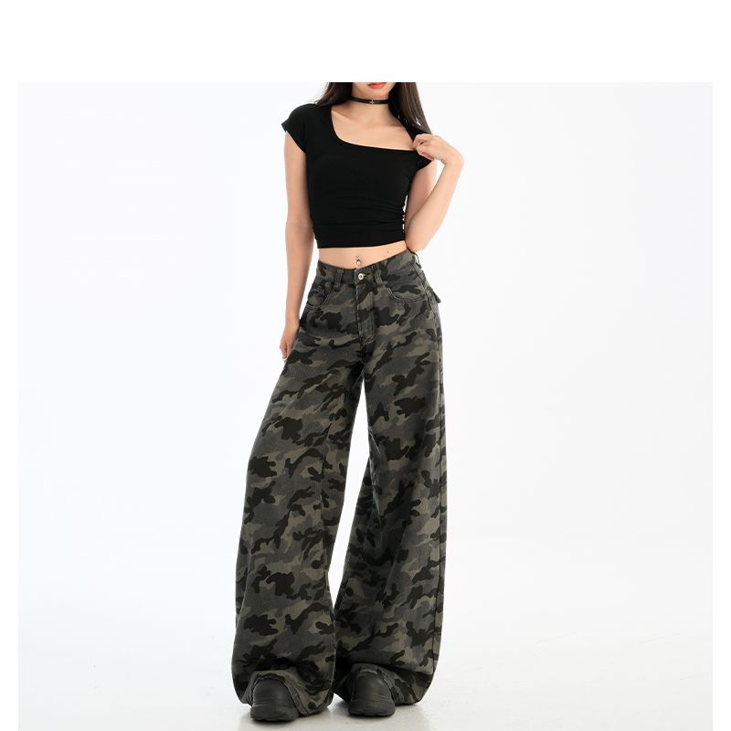 

American Camouflage Wide Leg Denim Women 2025 Summer New High Waist Loose and Slimming Drooping Straight Mop Pants Fan Color pants 155-165 XL